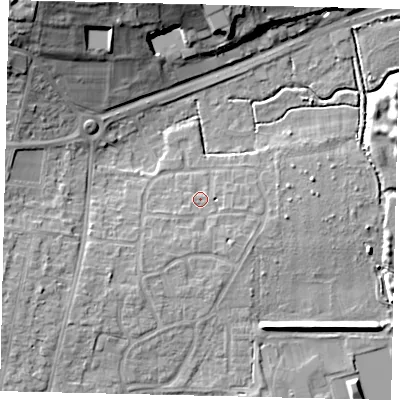 Shaded relief map of the ground around BN159EY, computed from Environment Agency LiDAR. The ground here sits at about 4 m above sea level and falls 19 m across the surrounding 800 m. Surface water reaching this point runs off ground lying to the south, 1.6 m higher.