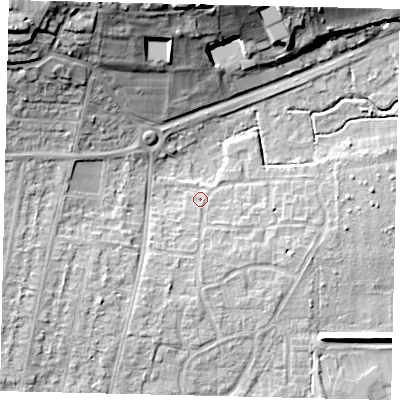 Shaded relief map of the ground around BN159EZ, computed from Environment Agency LiDAR. The ground here sits at about 4 m above sea level and falls 22 m across the surrounding 800 m. Surface water reaching this point runs off ground lying to the south-south-west, 2.2 m higher.