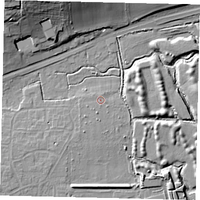 Shaded relief map of the ground around BN159FQ, computed from Environment Agency LiDAR. The ground here sits at about 4 m above sea level and falls 24 m across the surrounding 800 m. Surface water reaching this point runs off ground lying to the south-south-west, 2.3 m higher.