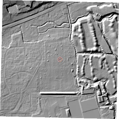Shaded relief map of the ground around BN159FR, computed from Environment Agency LiDAR. The ground here sits at about 4 m above sea level and falls 14 m across the surrounding 800 m. Surface water reaching this point runs off ground lying to the south, 0.7 m higher.