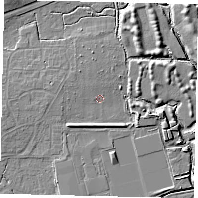 Shaded relief map of the ground around BN159FS, computed from Environment Agency LiDAR. The ground here sits at about 4 m above sea level and falls 7 m across the surrounding 800 m. Surface water reaching this point runs off ground lying to the south-west, 4.2 m higher.