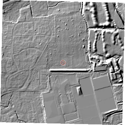 Shaded relief map of the ground around BN159FT, computed from Environment Agency LiDAR. The ground here sits at about 4 m above sea level and falls 7 m across the surrounding 800 m. Surface water reaching this point runs off ground lying to the south-south-west, 4.0 m higher.