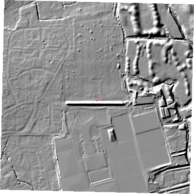 Shaded relief map of the ground around BN159FU, computed from Environment Agency LiDAR. The ground here sits at about 4 m above sea level and falls 7 m across the surrounding 800 m. Surface water reaching this point runs off ground lying to the south-west, 4.1 m higher.