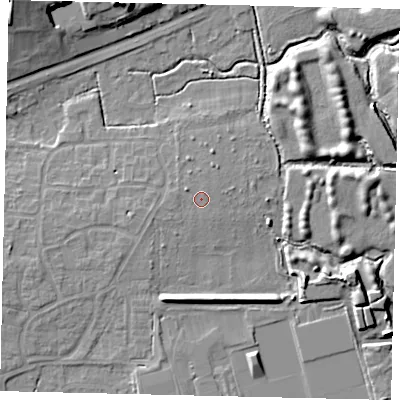 Shaded relief map of the ground around BN159FY, computed from Environment Agency LiDAR. The ground here sits at about 5 m above sea level and falls 13 m across the surrounding 800 m. Surface water reaching this point runs off ground lying to the west-south-west, 1.1 m higher.