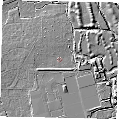 Shaded relief map of the ground around BN159FZ, computed from Environment Agency LiDAR. The ground here sits at about 3 m above sea level and falls 7 m across the surrounding 800 m. Surface water reaching this point runs off ground lying to the east, 5.9 m higher.