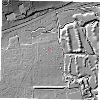 Shaded relief map of the ground around BN159GA, computed from Environment Agency LiDAR. The ground here sits at about 4 m above sea level and falls 20 m across the surrounding 800 m. Surface water reaching this point runs off ground lying to the west-south-west, 1.2 m higher.