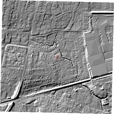 Shaded relief map of the ground around BN159GH, computed from Environment Agency LiDAR. The ground here sits at about 3 m above sea level and falls 10 m across the surrounding 800 m. Surface water reaching this point runs off ground lying to the west-south-west, 4.6 m higher.
