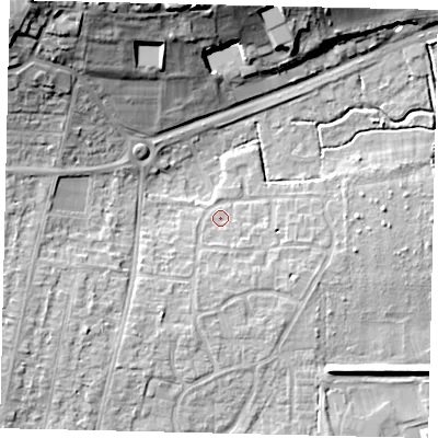 Shaded relief map of the ground around BN159HB, computed from Environment Agency LiDAR. The ground here sits at about 4 m above sea level and falls 23 m across the surrounding 800 m. Surface water reaching this point runs off ground lying to the south-south-west, 2.5 m higher.