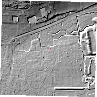 Shaded relief map of the ground around BN159HG, computed from Environment Agency LiDAR. The ground here sits at about 4 m above sea level and falls 25 m across the surrounding 800 m. Surface water reaching this point runs off ground lying to the south, 3.5 m higher.