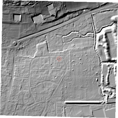 Shaded relief map of the ground around BN159HQ, computed from Environment Agency LiDAR. The ground here sits at about 4 m above sea level and falls 22 m across the surrounding 800 m. Surface water reaching this point runs off ground lying to the south, 2.1 m higher.