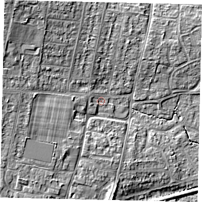 Shaded relief map of the ground around BN159PE, computed from Environment Agency LiDAR. The ground here sits at about 4 m above sea level and falls 11 m across the surrounding 800 m. Surface water reaching this point runs off ground lying to the west, 6.1 m higher.
