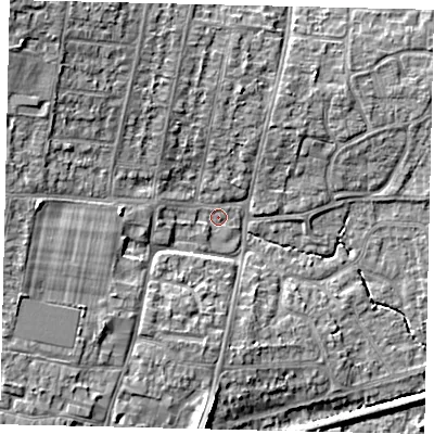 Shaded relief map of the ground around BN159PF, computed from Environment Agency LiDAR. The ground here sits at about 3 m above sea level and falls 10 m across the surrounding 800 m. Surface water reaching this point runs off ground lying to the north-west, 7.6 m higher.