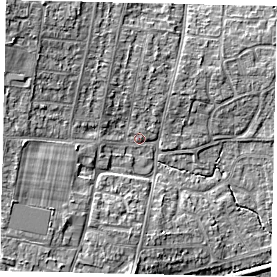 Shaded relief map of the ground around BN159PG, computed from Environment Agency LiDAR. The ground here sits at about 4 m above sea level and falls 10 m across the surrounding 800 m. Surface water reaching this point runs off ground lying to the north-west, 8.0 m higher.