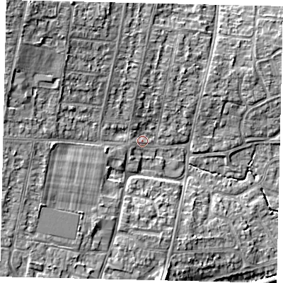 Shaded relief map of the ground around BN159PQ, computed from Environment Agency LiDAR. The ground here sits at about 4 m above sea level and falls 11 m across the surrounding 800 m. Surface water reaching this point runs off ground lying to the north-west, 8.6 m higher.
