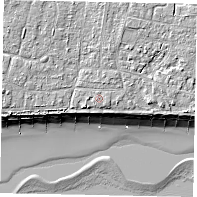 Shaded relief map of the ground around BN161NA, computed from Environment Agency LiDAR. The ground here sits at about 6 m above sea level and falls 10 m across the surrounding 800 m. The ground contributing surface water to this point lies to the east.