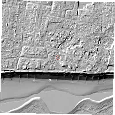 Shaded relief map of the ground around BN161NY, computed from Environment Agency LiDAR. The ground here sits at about 6 m above sea level and falls 10 m across the surrounding 800 m. Surface water reaching this point runs off ground lying to the north, 2.8 m higher.