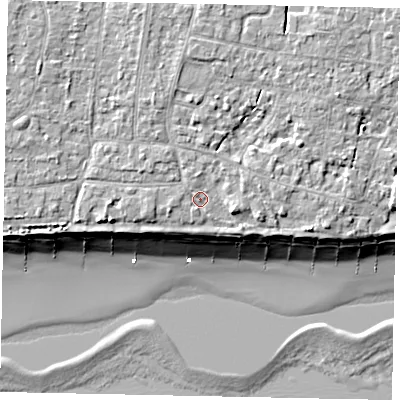 Shaded relief map of the ground around BN161PD, computed from Environment Agency LiDAR. The ground here sits at about 6 m above sea level and falls 10 m across the surrounding 800 m. Surface water reaching this point runs off ground lying to the north, 2.5 m higher.