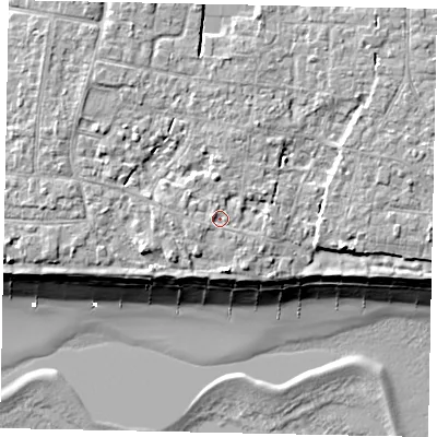 Shaded relief map of the ground around BN161PN, computed from Environment Agency LiDAR. The ground here sits at about 6 m above sea level and falls 11 m across the surrounding 800 m. Surface water reaching this point runs off ground lying to the north, 1.5 m higher.