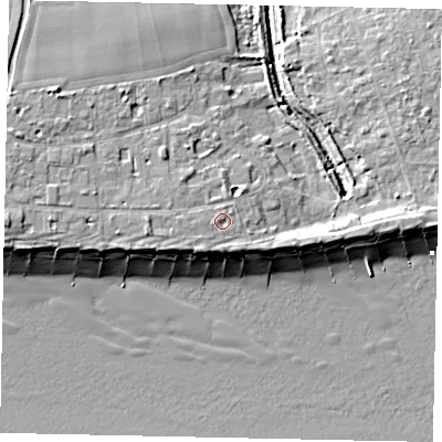 Shaded relief map of the ground around BN161SF, computed from Environment Agency LiDAR. The ground here sits at about 6 m above sea level and falls 10 m across the surrounding 800 m. Surface water reaching this point runs off ground lying to the south-west, 0.5 m higher.