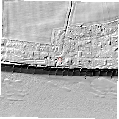 Shaded relief map of the ground around BN161SH, computed from Environment Agency LiDAR. The ground here sits at about 6 m above sea level and falls 10 m across the surrounding 800 m. Surface water reaching this point runs off ground lying to the north-west, 1.7 m higher.