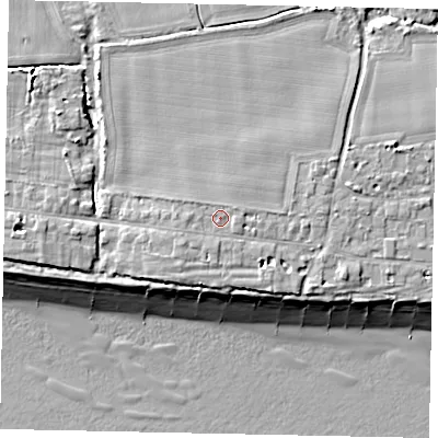 Shaded relief map of the ground around BN161SJ, computed from Environment Agency LiDAR. The ground here sits at about 7 m above sea level and falls 11 m across the surrounding 800 m. Surface water reaching this point runs off ground lying to the east-south-east, 0.6 m higher.