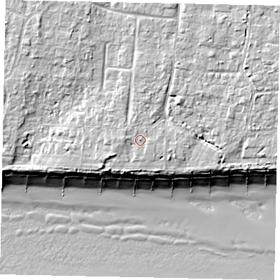 Shaded relief map of the ground around BN162BH, computed from Environment Agency LiDAR. The ground here sits at about 6 m above sea level and falls 10 m across the surrounding 800 m. Surface water reaching this point runs off ground lying to the west-south-west, 1.1 m higher.