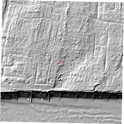 Shaded relief map of the ground around BN162DL, computed from Environment Agency LiDAR. The ground here sits at about 6 m above sea level and falls 10 m across the surrounding 800 m. Surface water reaching this point runs off ground lying to the north-north-west, 4.1 m higher.