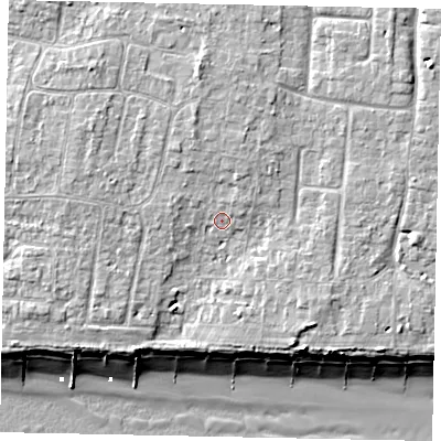 Shaded relief map of the ground around BN162DP, computed from Environment Agency LiDAR. The ground here sits at about 6 m above sea level and falls 10 m across the surrounding 800 m. Surface water reaching this point runs off ground lying to the north-north-east, 1.2 m higher.