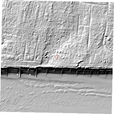 Shaded relief map of the ground around BN162DR, computed from Environment Agency LiDAR. The ground here sits at about 6 m above sea level and falls 10 m across the surrounding 800 m. Surface water reaching this point runs off ground lying to the north, 4.1 m higher.