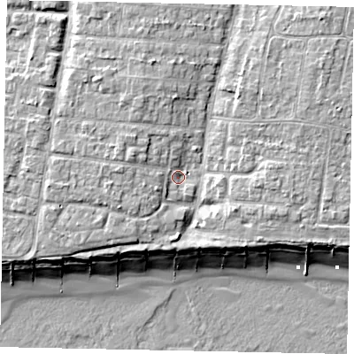 Shaded relief map of the ground around BN162GW, computed from Environment Agency LiDAR. The ground here sits at about 5 m above sea level and falls 10 m across the surrounding 800 m. Surface water reaching this point runs off ground lying to the west, 4.2 m higher.