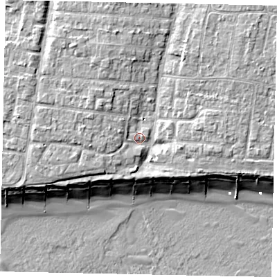 Shaded relief map of the ground around BN162GY, computed from Environment Agency LiDAR. The ground here sits at about 5 m above sea level and falls 10 m across the surrounding 800 m. Surface water reaching this point runs off ground lying to the south-west, 2.2 m higher.