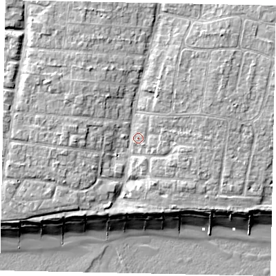 Shaded relief map of the ground around BN162JA, computed from Environment Agency LiDAR. The ground here sits at about 5 m above sea level and falls 10 m across the surrounding 800 m. Surface water reaching this point runs off ground lying to the north-east, 4.6 m higher.