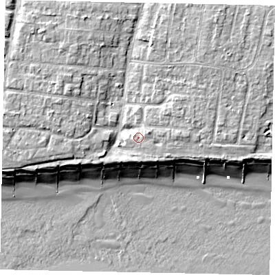 Shaded relief map of the ground around BN162JF, computed from Environment Agency LiDAR. The ground here sits at about 6 m above sea level and falls 10 m across the surrounding 800 m. Surface water reaching this point runs off ground lying to the east-north-east, 2.7 m higher.