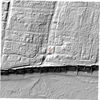 Shaded relief map of the ground around BN162JN, computed from Environment Agency LiDAR. The ground here sits at about 5 m above sea level and falls 10 m across the surrounding 800 m. Surface water reaching this point runs off ground lying to the north-north-east, 4.6 m higher.