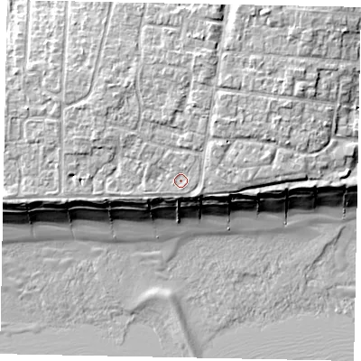 Shaded relief map of the ground around BN162LF, computed from Environment Agency LiDAR. The ground here sits at about 6 m above sea level and falls 10 m across the surrounding 800 m. Surface water reaching this point runs off ground lying to the north-north-east, 0.7 m higher.