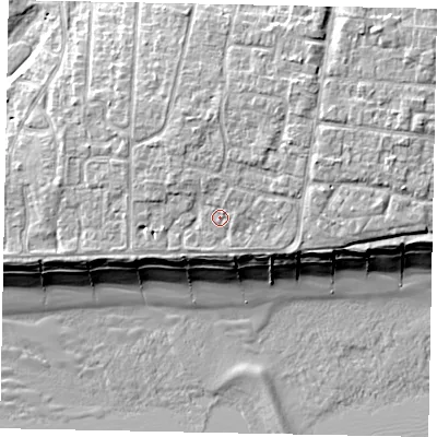Shaded relief map of the ground around BN162LT, computed from Environment Agency LiDAR. The ground here sits at about 6 m above sea level and falls 10 m across the surrounding 800 m. Surface water reaching this point runs off ground lying to the north-north-east, 0.9 m higher.