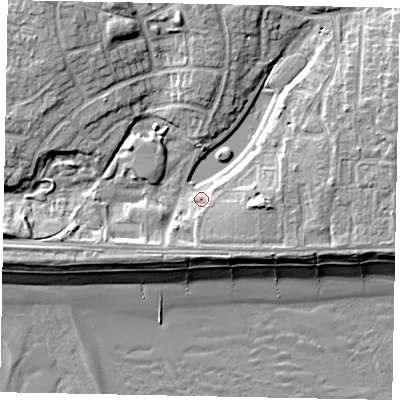 Shaded relief map of the ground around BN162LX, computed from Environment Agency LiDAR. The ground here sits at about 3 m above sea level and falls 11 m across the surrounding 800 m. Surface water reaching this point runs off ground lying to the east-north-east, 5.6 m higher.