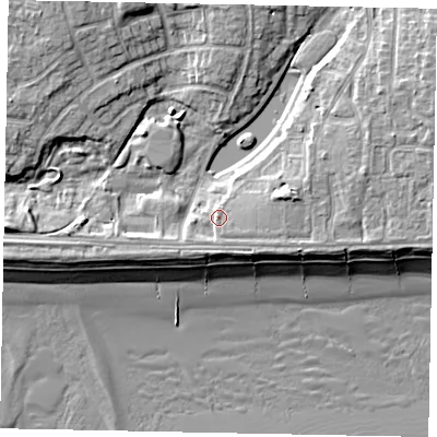 Shaded relief map of the ground around BN162LZ, computed from Environment Agency LiDAR. The ground here sits at about 5 m above sea level and falls 10 m across the surrounding 800 m. Surface water reaching this point runs off ground lying to the east-south-east, 0.9 m higher.