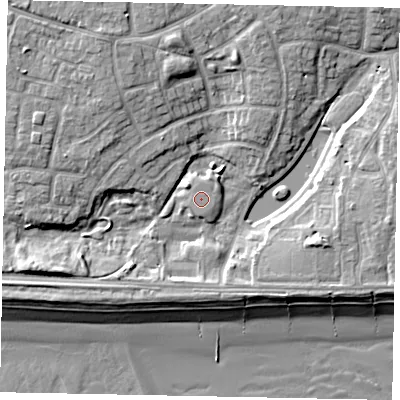 Shaded relief map of the ground around BN162NA, computed from Environment Agency LiDAR. The ground here sits at about 4 m above sea level and falls 10 m across the surrounding 800 m. The ground contributing surface water to this point lies to the south.