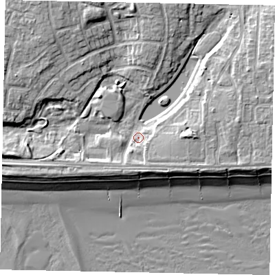 Shaded relief map of the ground around BN162NB, computed from Environment Agency LiDAR. The ground here sits at about 3 m above sea level and falls 10 m across the surrounding 800 m. Surface water reaching this point runs off ground lying to the east-north-east, 5.5 m higher.