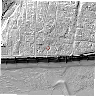 Shaded relief map of the ground around BN162ND, computed from Environment Agency LiDAR. The ground here sits at about 6 m above sea level and falls 10 m across the surrounding 800 m. Surface water reaching this point runs off ground lying to the north-north-west, 2.2 m higher.