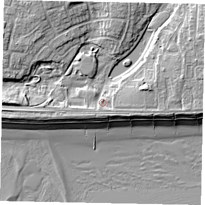 Shaded relief map of the ground around BN162NG, computed from Environment Agency LiDAR. The ground here sits at about 4 m above sea level and falls 10 m across the surrounding 800 m. Surface water reaching this point runs off ground lying to the east-south-east, 2.9 m higher.