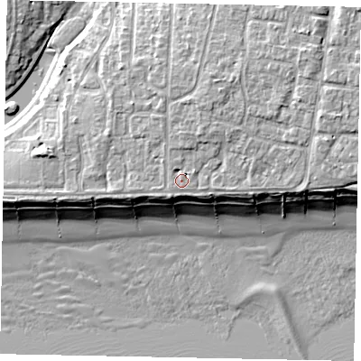 Shaded relief map of the ground around BN162NT, computed from Environment Agency LiDAR. The ground here sits at about 6 m above sea level and falls 10 m across the surrounding 800 m. Surface water reaching this point runs off ground lying to the north-north-west, 1.1 m higher.