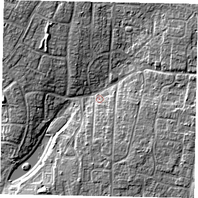 Shaded relief map of the ground around BN162QB, computed from Environment Agency LiDAR. The ground here sits at about 3 m above sea level and falls 8 m across the surrounding 800 m. Surface water reaching this point runs off ground lying to the south, 3.6 m higher.