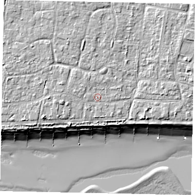 Shaded relief map of the ground around BN162TF, computed from Environment Agency LiDAR. The ground here sits at about 6 m above sea level and falls 10 m across the surrounding 800 m. Surface water reaching this point runs off ground lying to the north-north-west, 1.9 m higher.