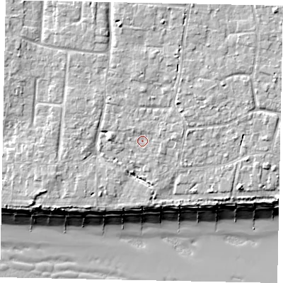 Shaded relief map of the ground around BN162TL, computed from Environment Agency LiDAR. The ground here sits at about 6 m above sea level and falls 10 m across the surrounding 800 m. Surface water reaching this point runs off ground lying to the north, 1.9 m higher.