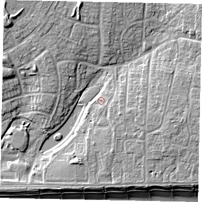 Shaded relief map of the ground around BN162TY, computed from Environment Agency LiDAR. The ground here sits at about 4 m above sea level and falls 9 m across the surrounding 800 m. Surface water reaching this point runs off ground lying to the south-south-east, 1.2 m higher.