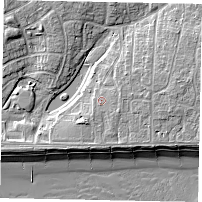 Shaded relief map of the ground around BN162UD, computed from Environment Agency LiDAR. The ground here sits at about 5 m above sea level and falls 10 m across the surrounding 800 m. Surface water reaching this point runs off ground lying to the east-north-east, 2.0 m higher.