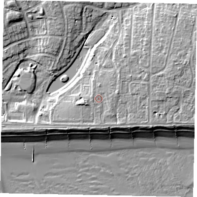 Shaded relief map of the ground around BN162UE, computed from Environment Agency LiDAR. The ground here sits at about 5 m above sea level and falls 10 m across the surrounding 800 m. Surface water reaching this point runs off ground lying to the east-north-east, 2.0 m higher.