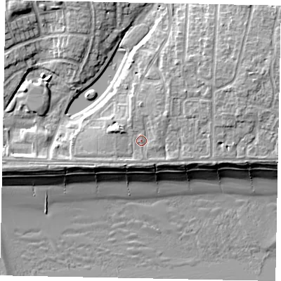 Shaded relief map of the ground around BN162UF, computed from Environment Agency LiDAR. The ground here sits at about 5 m above sea level and falls 10 m across the surrounding 800 m. Surface water reaching this point runs off ground lying to the north-east, 2.0 m higher.